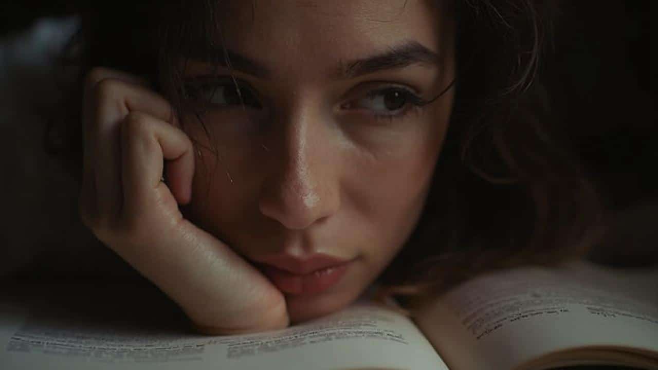 Jeune femme pensive lisant attentivement un livre.