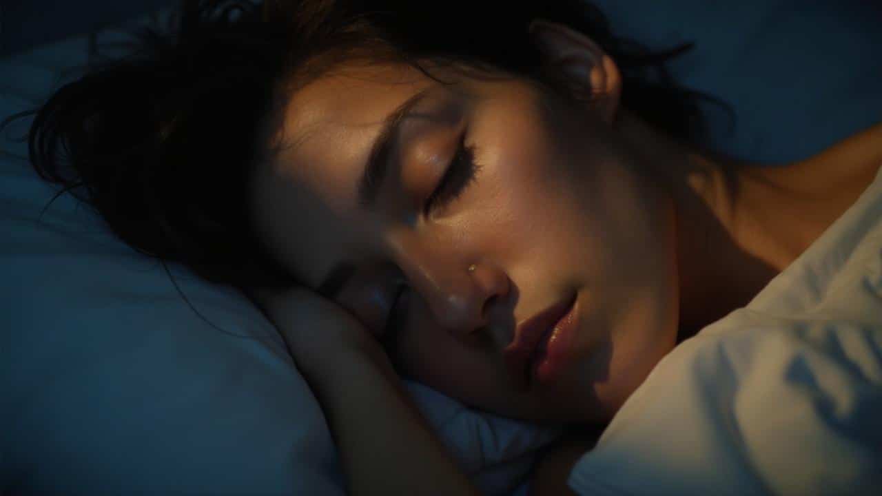 Une femme aux yeux fermés, profondément endormie dans un lit sombre