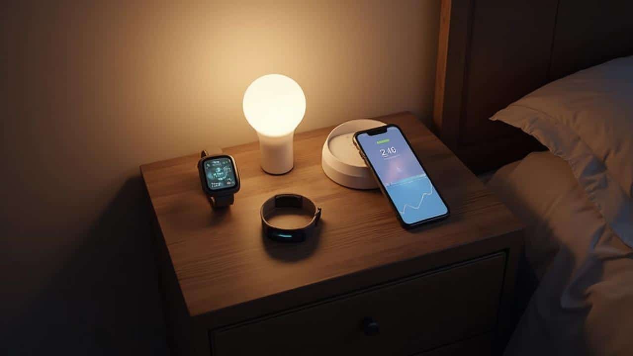 Téléphone portable, montre intelligente, lampe et chargeur sur une table de nuit